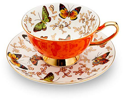 LURRIER Coffee Cup Mug with Saucer for Latte, Cappuccino Tea with Butterflies 6.8 Oz Fine Bone China, Dishwasher Safe, Reactive Glaze, 1 Pcs
