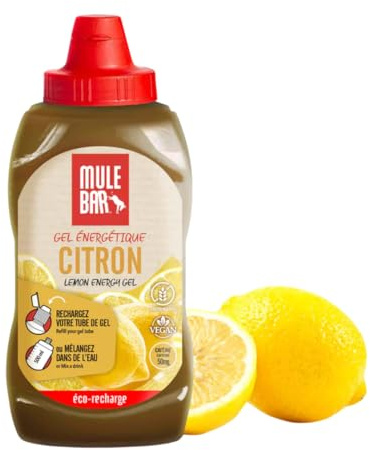 MULEBAR - Eco-recharge 12 gels énergétiques Citron - Gingembre - Guarana - 444g - vegan - Sans Gluten - Diluable - 6 litres en boisson - 50mg caféine