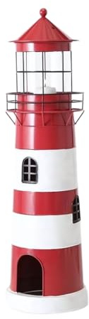 Windlicht Leuchtturm, Eisen – farbige Streifen – rot-weiß, 19 x 19 x 64 cm | lackierte maritime Laterne, Aussichtsturm – Kerzenhalter mit Glaszylinder – Wachturm, Leuchtfeuer, Signalmast – Seaside No.64