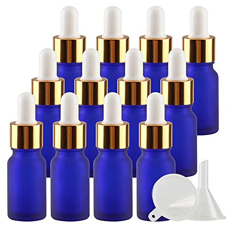 TIANZD 12 Stück 10 ml Leere Matt Blau glasflasche Tropfflasche Pipettenflaschen mit Glaspipette, 10ml Glasflasche mit Tropfpipette mit Gold Schraubverschluss für ätherische Öle, Parfüm Öle