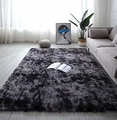 linyingdian Teppich Wohnzimmer Shaggy Teppich Hochflor Teppich Grau Langflor Teppich Kinderzimmer Modern Bunte Batik Teppich Jugendzimmer Flauschiger Teppich (Dunkelgrau, 100x200cm)