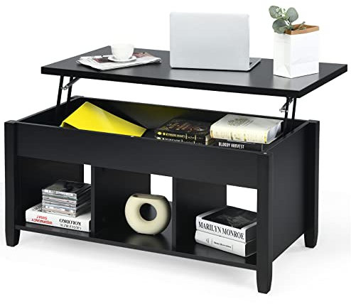 COSTWAY Couchtisch höhenverstellbar, Sofatisch mit hebeplatte Stauraum & 3 offene Regale, Beistelltisch aus Holz, Kaffeetisch Teetisch für Wohnzimmer (Schwarz)
