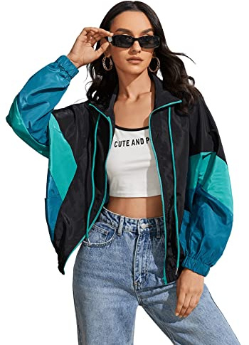 SweatyRocks Women's Lightweight Windbreaker Patchwork Zipper Sport Jacket Coat Outerwear Teal Black M