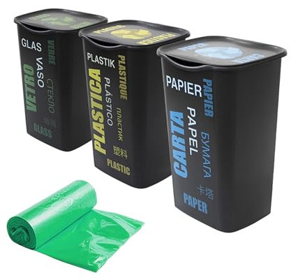 Maury's Set 3 Pattumiere Differenziate Cestini e Bidoni da Interno ed Esterno per una Raccolta Differenziata Pratica e Organizzata con 10 Sacchi Immondizia Profumati