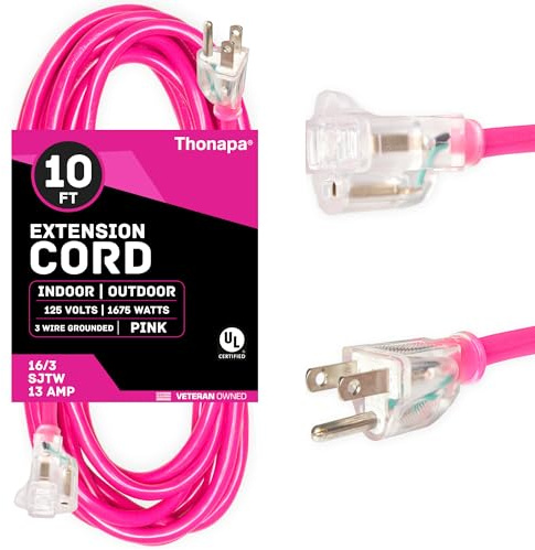 THONAPA 10 Ft Outdoor Extension Cord with 3 Prong, 16/3 SJTW Neon Pink Extension Cord 10ft, 13 AMP for Indoor or Outdoor Use, Small Appliances, Gardens, Lawn, Lights Decor - UL Listed
