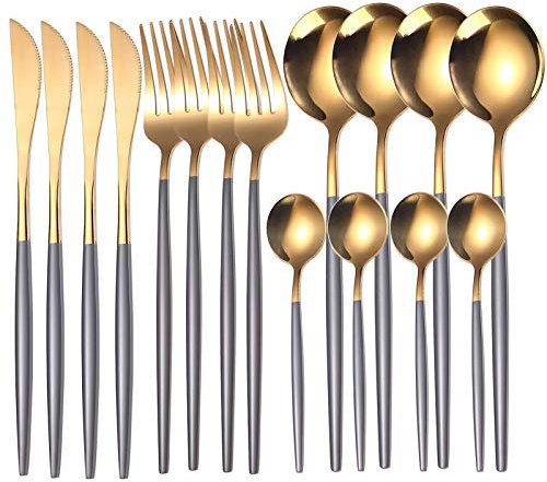 16 teile/satz Goldbesteck Set Edelstahl Messer Löffel Gabel Löffel Teelöffel Küchenutensilien Sets Western Weihnachten Geschirr essgeschirr (Color : Gray gold)