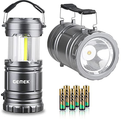 GEMEK 2 x LED Camping Lantern Battery Powered Flashlights Portable 2-in-1 Collapsible COB Lantern Lights for Camping, Car, Shop, Attic, Garage, 6 AA Batteries Included (Gray)