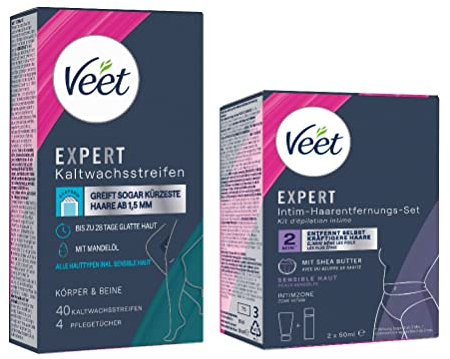 Veet Expert Intim-Haarentfernungs-Set - Enthaarungscreme für den Intimbereich inkl. Multi-Benefit-Schaum 2 x 50 ml + Kaltwachsstreifen Körper & Beine 20 Doppelstreifen = 40 Streifen