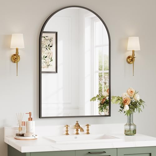 Dripex Arched Wall Mirror 50 x 75 cm Black Aluminium Alloy Frame | Tempered Glass, Pre-Fitted Hooks & Fixing Kit, Wall Mount or Lean, Ideal for Bathroom, Living Room, Bedroom & Hallway