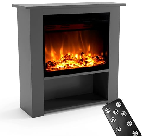 GF CORE Elektrokamin mit Heizung und Kaminfeuer (Standkamin THEBE) - elektrischer Kamin mit LED-Feuer in 3 Farben, Heizlüfter, Holz-Deko & Fernbedienung, 86x85x30 cm, Grau