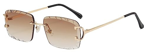 kachawoo Rahmenlose Rechteck Sonnenbrille Randlose Sonnenbrille mit gravierten Kanten Braun Blau Grau Sonnenschirme Unisex