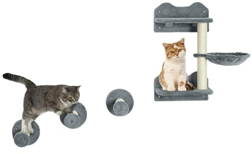 PawHut 4 Piece Cat Shelves Cat Wall Furniture for Indoor Kittens, Grey | Wall-Mounted Kitten Tree, Hammock, Steps, Platforms, Scratching Post