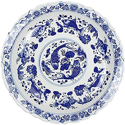 OQHAIR Tazón De Sopa De Cerámica Grande con Patrón De Pescado Ensalada De Frutas Plato Hondo Gran Capacidad Lavabo De Porcelana Azul Y Blanco Pintado A Mano Bandeja De Decoraciones De Col