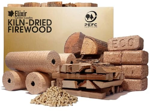Elixir Gardens Kiln Dried Firewood | Round Birch Briquettes | Premium, Recycled Compressed Wood Heat Fuel Logs for Stoves, Log Burners & Open Fires | 5 Pack x 2