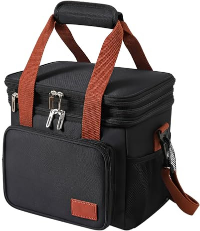 Marstey Insulated Lunch Bag for Work, Portable Lunch Box Bag, 14LLarge Dual Compartment Food Bag, with Shoulder Strap and Front Pocket, Idea for Picnics, Work, Lunches, Outdoor Camping(Black)