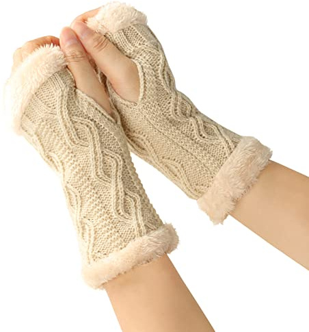 Wambere 1 Paar Damen Fingerlose Handschuhe,Winter Warmhalten Armstulpen Gestrickte Kurzhandschuhe Halbe Fingerhandschuhe mit Fleece Futter,Strickhandschuhe Armhandschuhe für Outdoor Aktivitäten,Beige