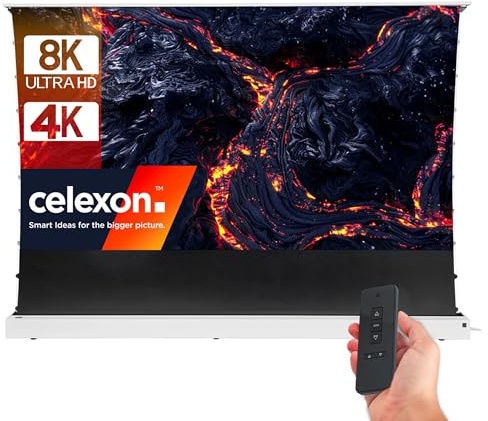 celexon HomeCinema V2.0 CLR UST-Bodenscheren-Aufroll-Motor-Hochkontrast-Möbeleinbau-Leinwand weiß 110 | 243,5x137cm 16:9 | elektrische 8K, Full-HD Projektions-Leinwand | für Ultrakurzdistanz-Beamer!