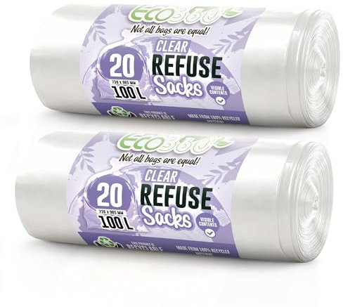 EcoBag - 40 Pack Refuse Sacks - 100L - 22 Microns - Heavy Duty, Leak Resistant Recyclable Bin Bags, Eco-Friendly, Durable Waste Disposal Bags for Household & Commercial Use (736 x 965mm)