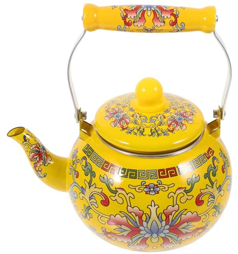 BIUDECO Decorative Yellow Enamel Tea Kettle with Stainless Steel Filter Pot 2.2l Large Capacity Smooth Spout Lightweight for Camping Travel