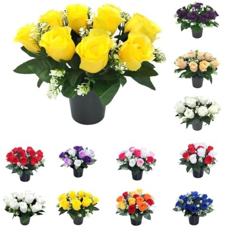 Artificial Grave Flower Pot with Foam Insert – UV-Resistant, Long-Lasting Memorial & Cemetery Flowers for Grave Displays, Home & Garden, Weatherproof Faux Floral Arrangement (Yellow Rose)