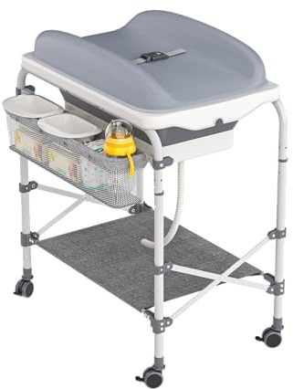 LZQ Cambiador portátil 4 en 1: bañera integrada, cambiador plegable con cesta lateral y caja de almacenamiento, combinación de pañales de baño para 0 – 3 años, soporta hasta 50 kg