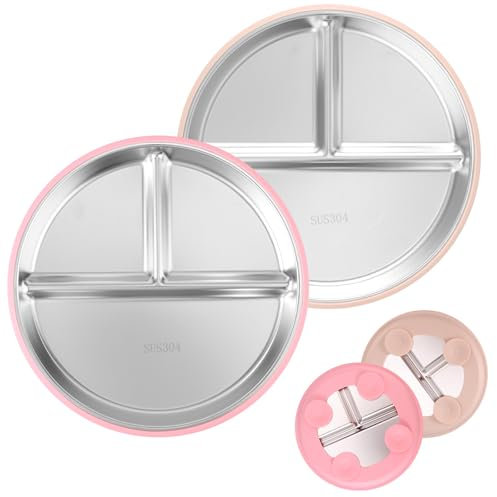 Lyreh 2stk Geteilte Teller Kinder mit Saugnapf, 23,5cm Durchmesser BPA-Frei Kinderteller aus Edelstahl mit Saugnapfboden Silikon Mikrowellengeeignet Spülmaschinenfest(Cremeweiß und Rosa)