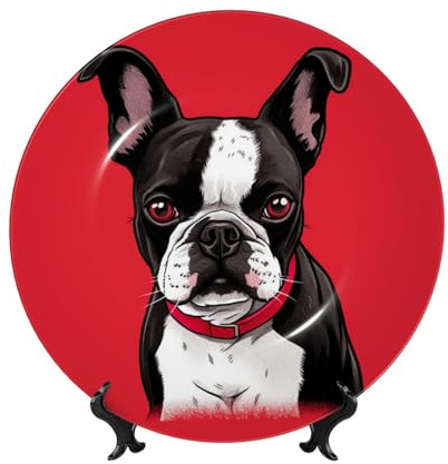 Porzellan-Keramik Dekoteller mit Displayständer zum Aufhängen, Porzellan-Ornament zum Aufhängen, Boston Terrier, rote runde Teller zum Basteln, Teller