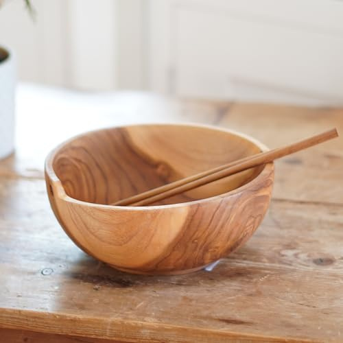 Vayu Earth Handmade Teak Wood Noodle Bowl and Chopsticks Set – Large 20 x 10cm Wooden Serving Bowl – Eco-Friendly Natural Teak Dinnerware for Ramen, Rice, or Soup – Includes 24cm Chopsticks