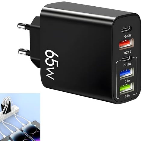 Cargador C 65W con 5 puertos, 2 USB-A y 2 USB-C, cargador rápido PD 3.1A, toma estándar, negro, compatible para smartphones, tabletas y power bank