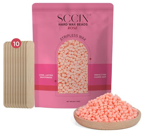 SCCIN Hard Wax Beads 800g with 10 Wooden Spatulas– Low-Temperature Stripless Wax Beads for Sensitive Skin, Bikini & Brazilian Hair Removal, Face, Body & Underarms, Hard Wax Beads Hair Removal (Rose)