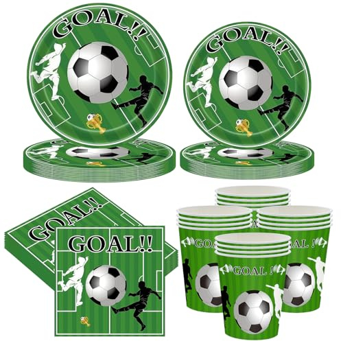 RONGZUBAT Ensemble Couverts de décoration de fête football vert, 68 pièces vaisselle thème football vert pour enfants, assiettes en carton, gobelets, Mouchoir en papier pour et accessoires de fête