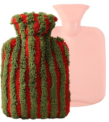 Dzmuero Bouillotte Eau Chaude, 1L, Housse Tricotée, sac d’eau Chaude Cadeaux de Noël pour compresse chaude et froide, chauffe-pieds, soulagement des douleurs au cou et aux épaules