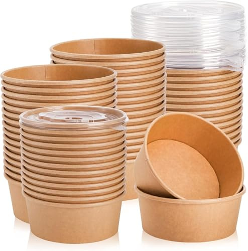 E Greenwize Packaging Kra Paper Salad Bowls with Lids | Disposable Food Containers with Lids, Brown Takeaway Boxes | Microwave & Freezer Safe Lunch Containers, Brown (750 ML, 50, count)