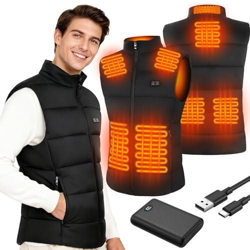 Gilet Chauffant Homme avec Batterie 10000mAh 7.4V Incluse, Deepoter Veste Chauffante Homme avec 3 Températures, 8 Zones de Chauffage,Gilet Chauffant Electrique pour Ski, Pêche, Moto en Plein Air（L）