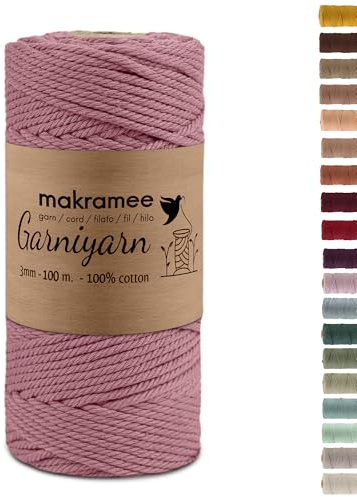 GARNIYARN Makramee Garn 3mm x 100m,100% Baumwolle, Queen Rose | OEKO-TEX, 4-fach gezwirnte Baumwollkordel für Makramee-Wandbehang, Blumenampel, Pflanzenhänger, Traumfänger und DIY-Projekte