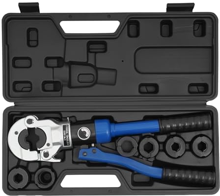 Presszange Hydraulische Crimpzange 80-KN mit V-Kontur 180°-Drehbar-Kopf Presswerkzeug aus Stahl Mit Koffer Rohrpresszange für Kupferrohr Verbundrohr mit V12 V14 V15 V16 V18 V22 V28 Backeneinsätze Blau