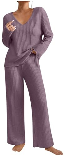 Tuta Donna Elegante Maglia Morbida Casual Maglione Maniche Lunghe Pullover Top e Pantaloni a Gamba Larga Set Due Pezzi Comode Leggera Tuta Casa Elegante Curvy Pigiama Donna Invernale Calda Completi