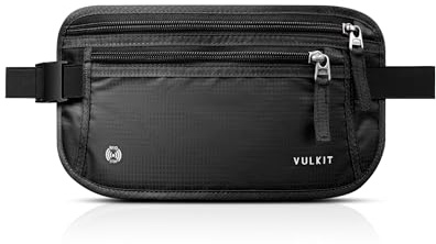 VULKIT Banane de Voyage Anti-Vol pour Homme & Femme Porte Passeport RFID Blocage Pochette Passeport sous Couverture pour Telephone, Passeports, Espèces, Carte de Crédit - Noir Carbone