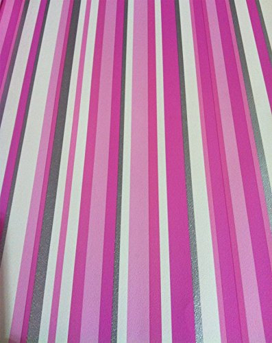 DEBONA Stripe Wallpaper Stripey Striped Metallic Silver Pink White Bold Washable