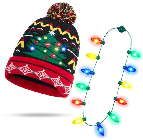 JOYIN LED-beleuchtete gestrickte Weihnachtsmütze mit LED-Leuchtbirnen-Halskette (12 Glühbirnen) für Weihnachten, Feiertage