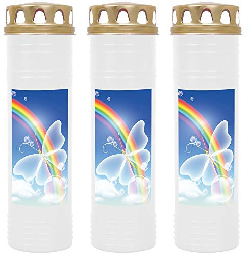 HS Candle Grabkerze - 3er Pack - (Weiß) Grablicht ca. 7 Tage Brenndauer je Kerze - Motiv: Regenbogen 2