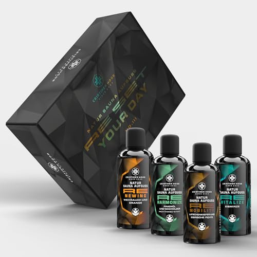 Saunaaufguss Re Collection Set 3 - Re Newing, Re Harmonize, Re Mobility, Re Vitalize 4x100 ml - CristinenMoor Natursaunadüfte ohne synthetische Duftstoffe in edler Umverpackung