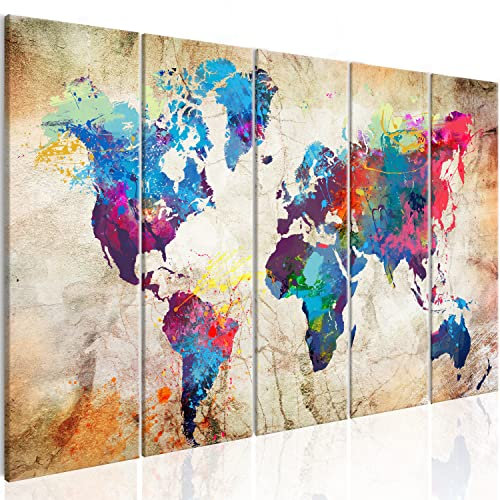 B&D XXL Acrylglasbild Weltkarte 100x40 cm 5 Teilig Wandbild auf Acryl Glasbilder Kunstdruck Moderne Acrylglas Platte Wanddekoration Geschenke Heimdekoration Glasbild - Abstrakt bunt Landkarte Reise