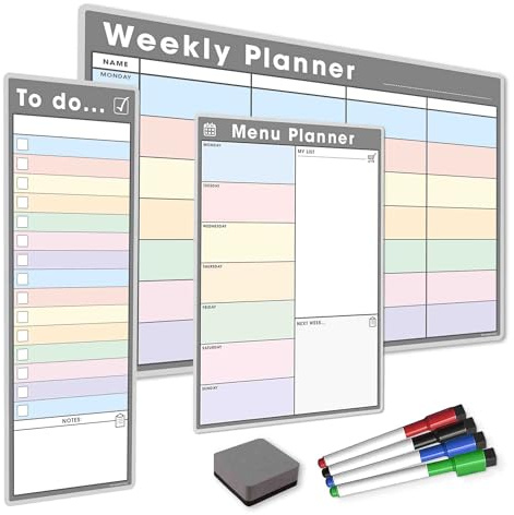 The Magnet Shop Magnetisches Whiteboard-Planer-Set, trocken abwischbar, Wochenplaner, Meine Liste, Monatskalender, 4 trocken abwischbare Markerstifte, Radiergummi (Pastell/Grau, Bündel 3)