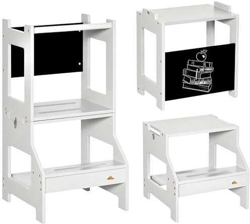 Qaba Kids Kitchen Step Stool, 2 in 1 Kitchen Table Set Toddler Standing Tower with Chalkboard, Safety Rail for Kitchen, Bathroom, Bedroom, Gray