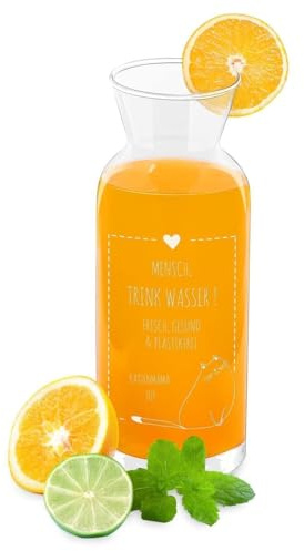 Maverton Wasserkaraffe mit Gravur - 1260 ml - Glas Krug für Wasser Limonade - personalisierte Glaskaraffe für Frauen - zum Geburtstag - Deko Küche - aus Klarglas - Katze