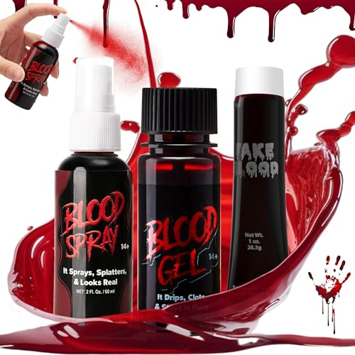SPOOKTACULAR CREATIONS Lot de 3 faux sang d'Halloween, gel sanguin d'Halloween, spray sanguin et tube de sang de vampire pour costume d'Halloween, maquillage zombie, vampire et monstre et cosplay