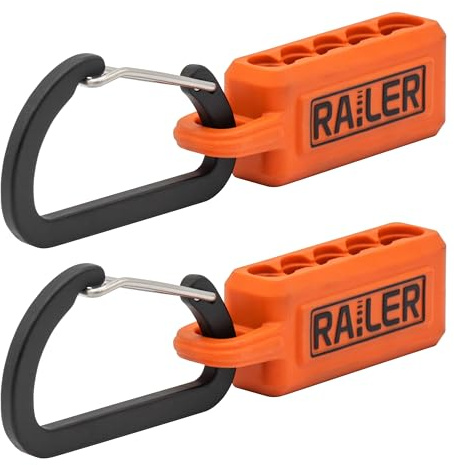 Screwdriver Bit Holder Storage Organizer – Railer 5-Hole Orange Bit Holder with Carabiner - 2 Pack | Fits 10 standard 1/4 hex shank driver bits. Flexible heavy-duty black storage organizers include locking belt carabiners.