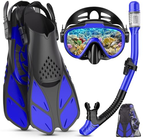 Lealinga Snorkel Set Adult with Flippers, Anti-Fog Diving Set, Dry Snorkel, Adjustable Flippers, Snorkelling Packages for Men and Women