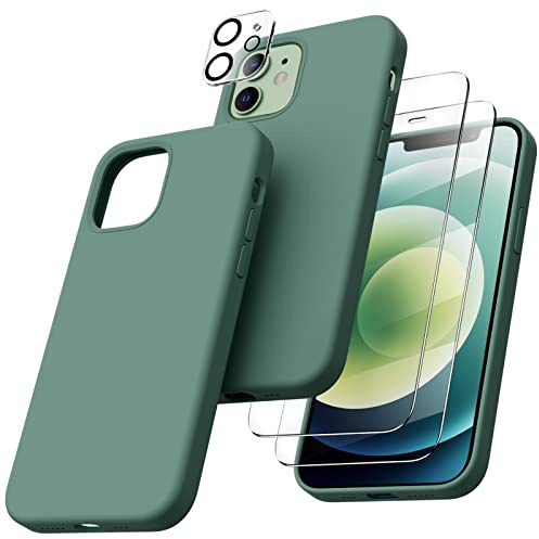 ORNARTO 5-in-1 für iPhone 12/12 Pro 6,1 Silikon Case mit 2 x Schutzfolie + 2 x Kameraschutz, Hülle Ultra Dünne Flüssig Silikon Handyhülle Schutz für iPhone 12 Pro/iPhone 12(2020) 6,1 Zoll Piniengrün